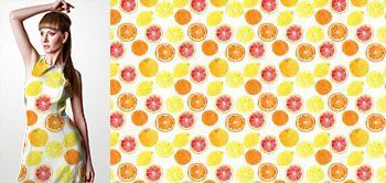30011v Materiał ze wzorem malowane owoce (plasterki pomarańczy, cytryny i grejpfruta)